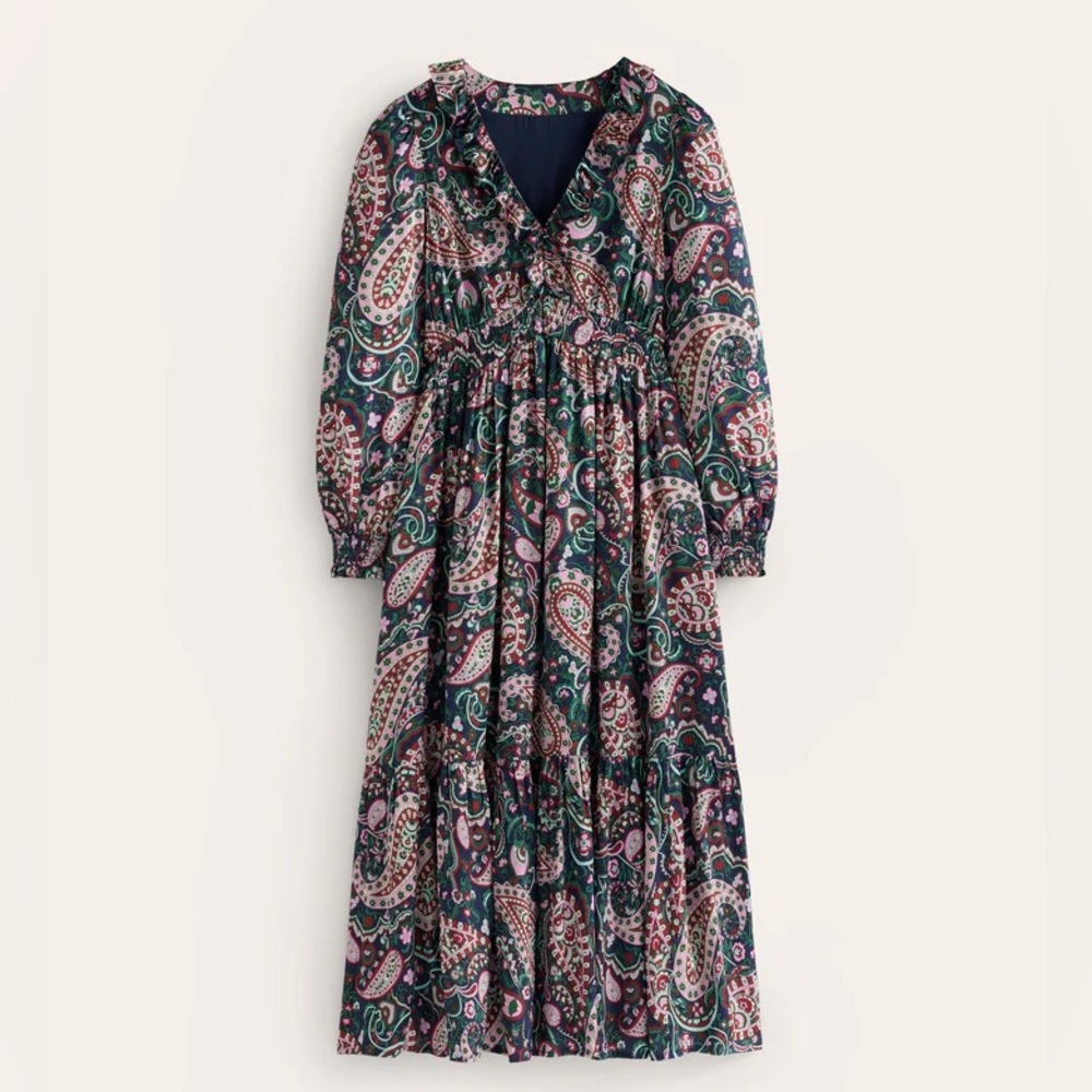 Boden Shirred Ruffle Midi Dress